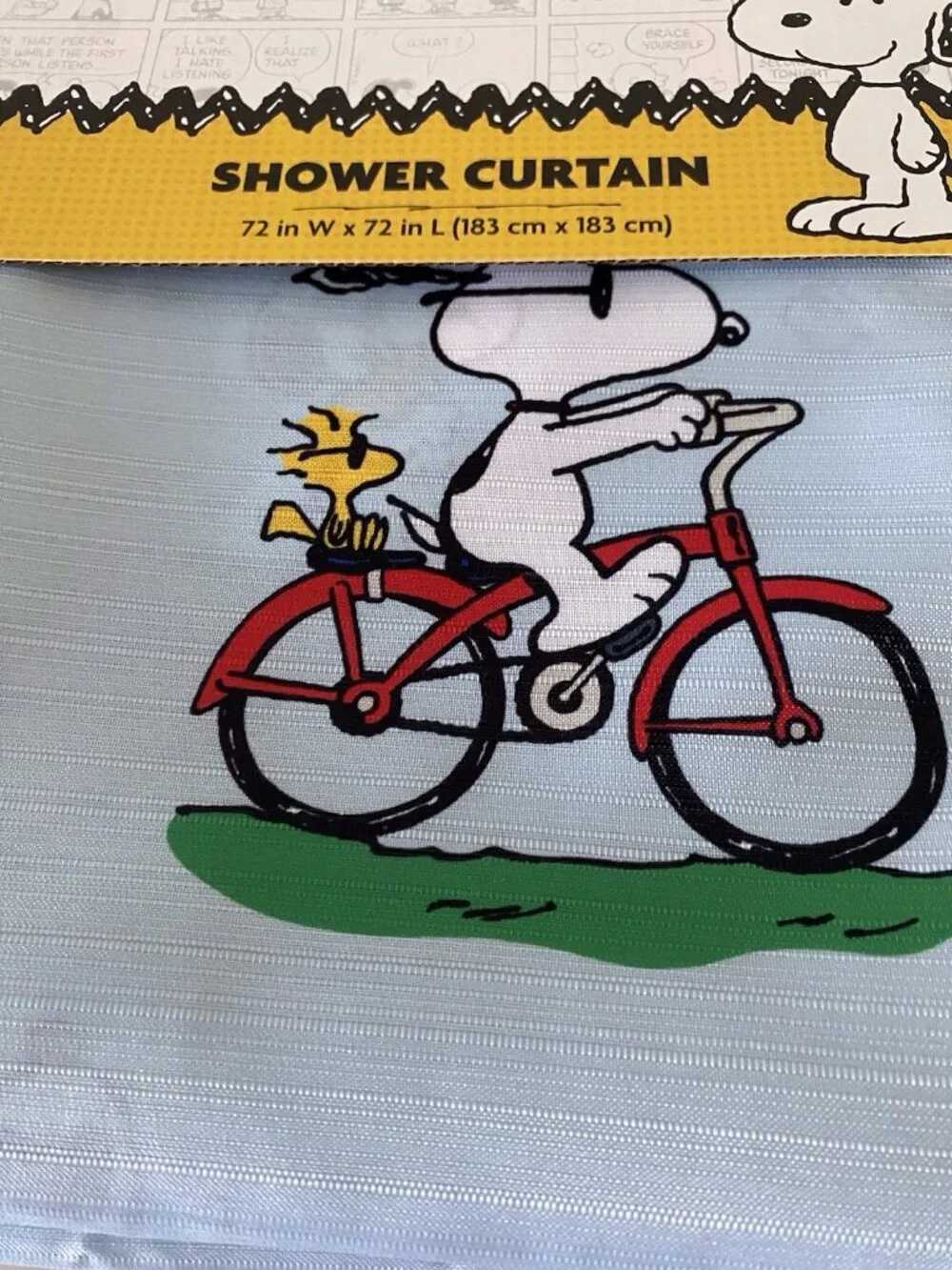 Peanuts Snoopy Woodstock Fabric Shower Curtain 72x 72 Doghouse Bicycle Laugh NEW